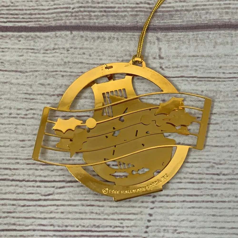 Vintage 1988 Hallmark Brass Trims Away In A Manger Christmas Ornament 3D Layered